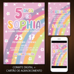 Convite Digital Arco-íris: Rosa e Letras Coloridas + Brinde