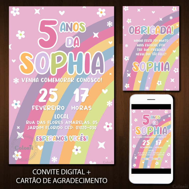 Convite Digital Arco-íris: Rosa e Letras Coloridas + Brinde