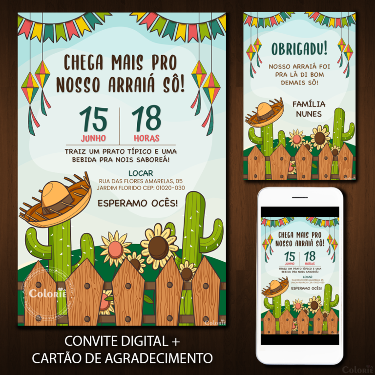 Convite Digital Festa Junina: Cerca e Cactos + Brinde