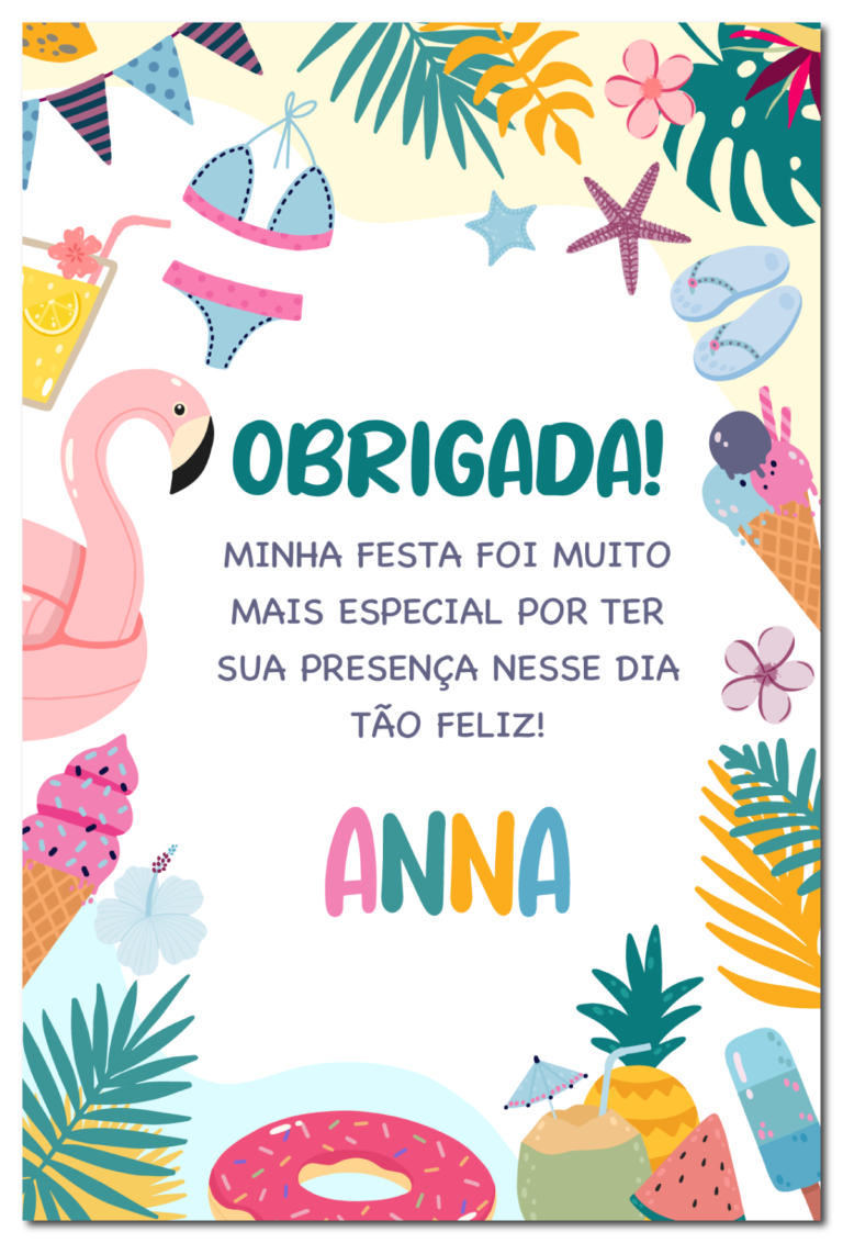 Cartão de agradecimento de festa na piscina com flamingo