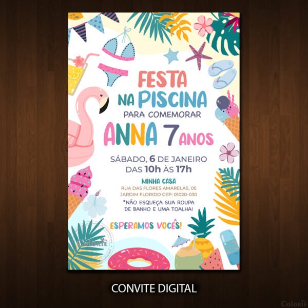 Convite Digital Piscina: Verão com Flamingo + Brinde