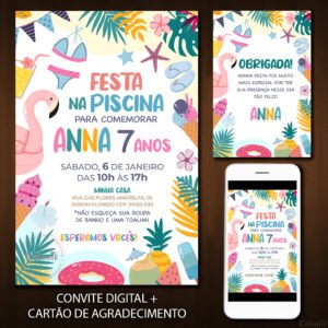Convite Digital Piscina: Verão com Flamingo + Brinde