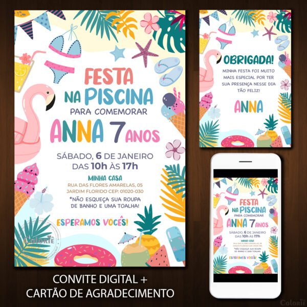 Convite Digital Piscina: Verão com Flamingo + Brinde
