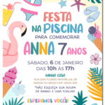 Convite digital de festa na piscina com tema de verão e flamingo