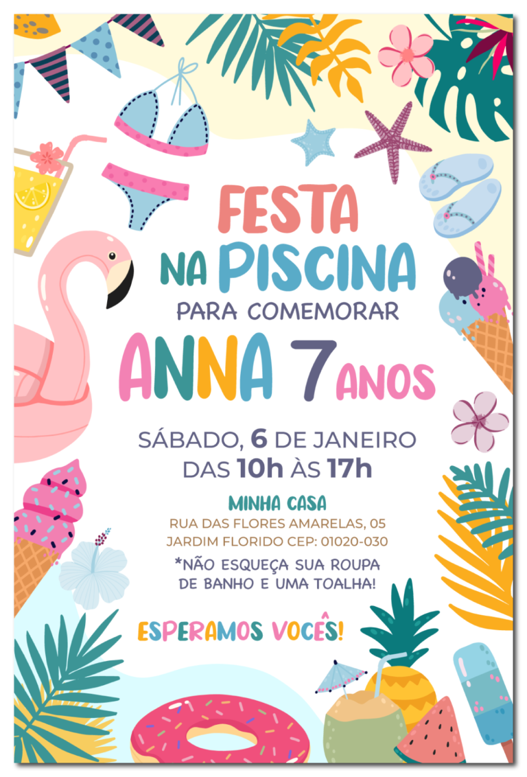 Convite digital de festa na piscina com tema de verão e flamingo