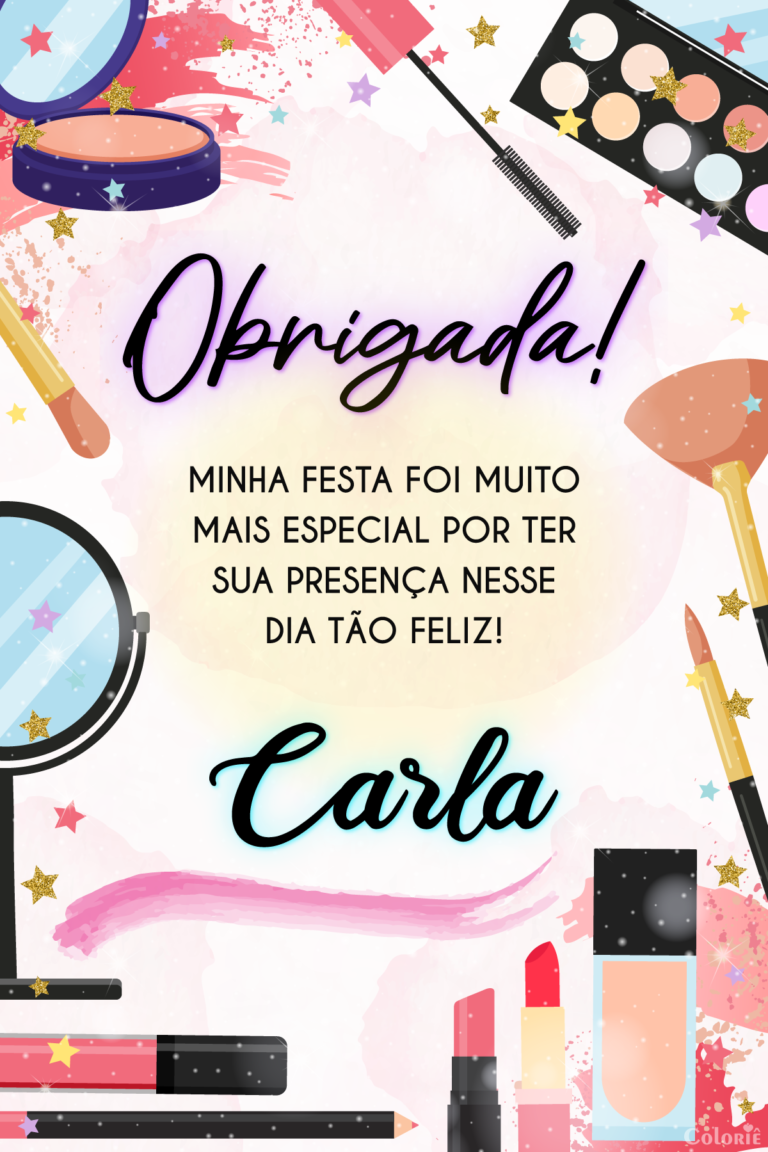 Cartão de agradecimento de spa com maquiagens e estrelinhas