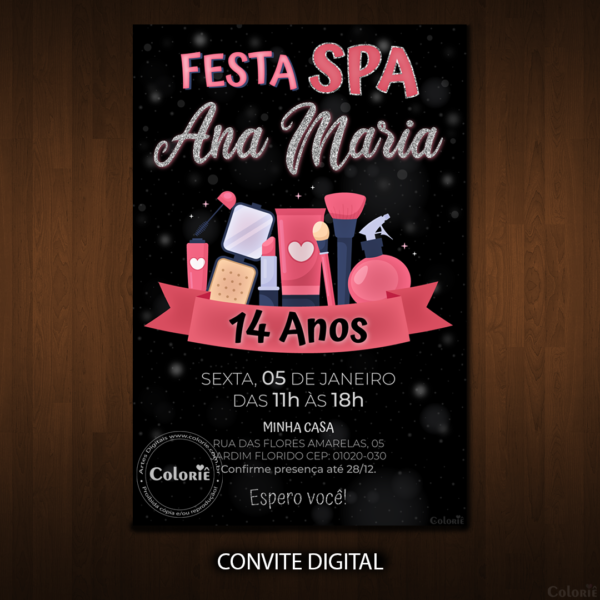 Convite Digital Spa: Preto, Rosa e Prata + Brinde