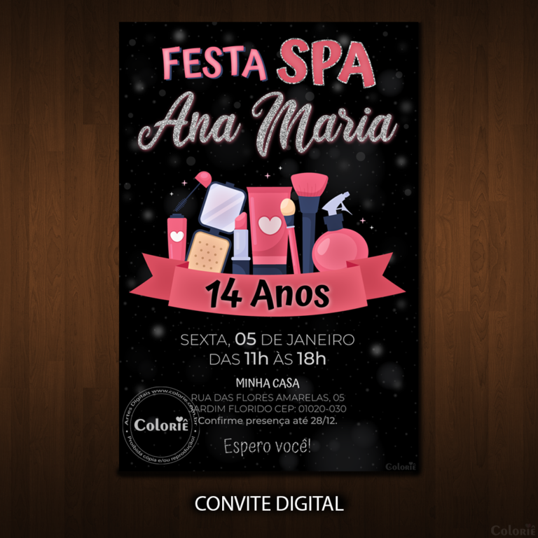 Convite Digital Spa: Preto, Rosa e Prata + Brinde