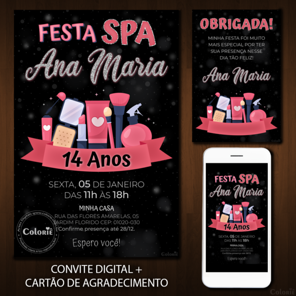 Convite Digital Spa: Preto, Rosa e Prata + Brinde