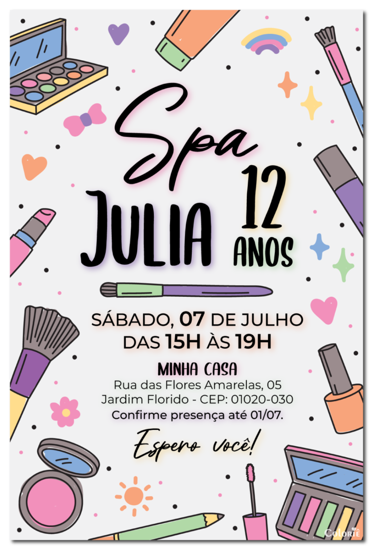Convite digital de spa com maquiagens fofas para festa