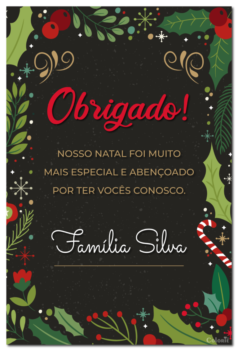 Cartão de agradecimento de Natal com folhas e enfeites natalinos