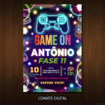 Convite Digital Vídeo Game: Neon Colorido + Brinde