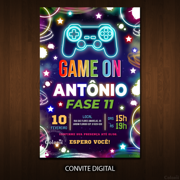 Convite Digital Vídeo Game: Neon Colorido + Brinde
