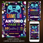 Convite Digital Vídeo Game: Neon Colorido + Brinde