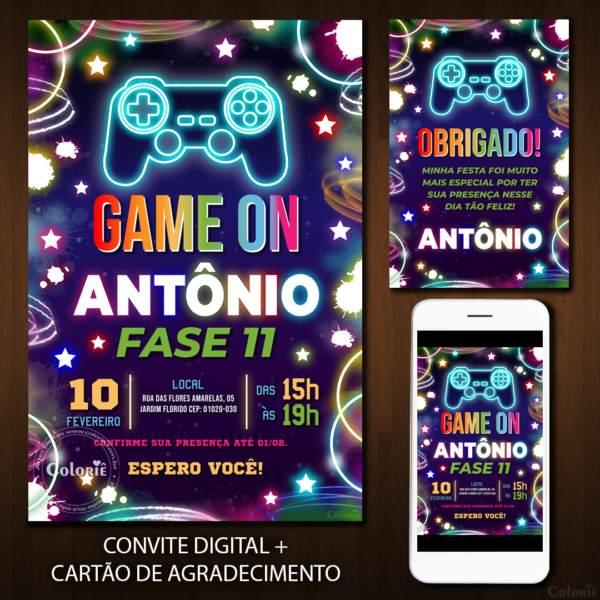 Convite Digital Vídeo Game: Neon Colorido + Brinde