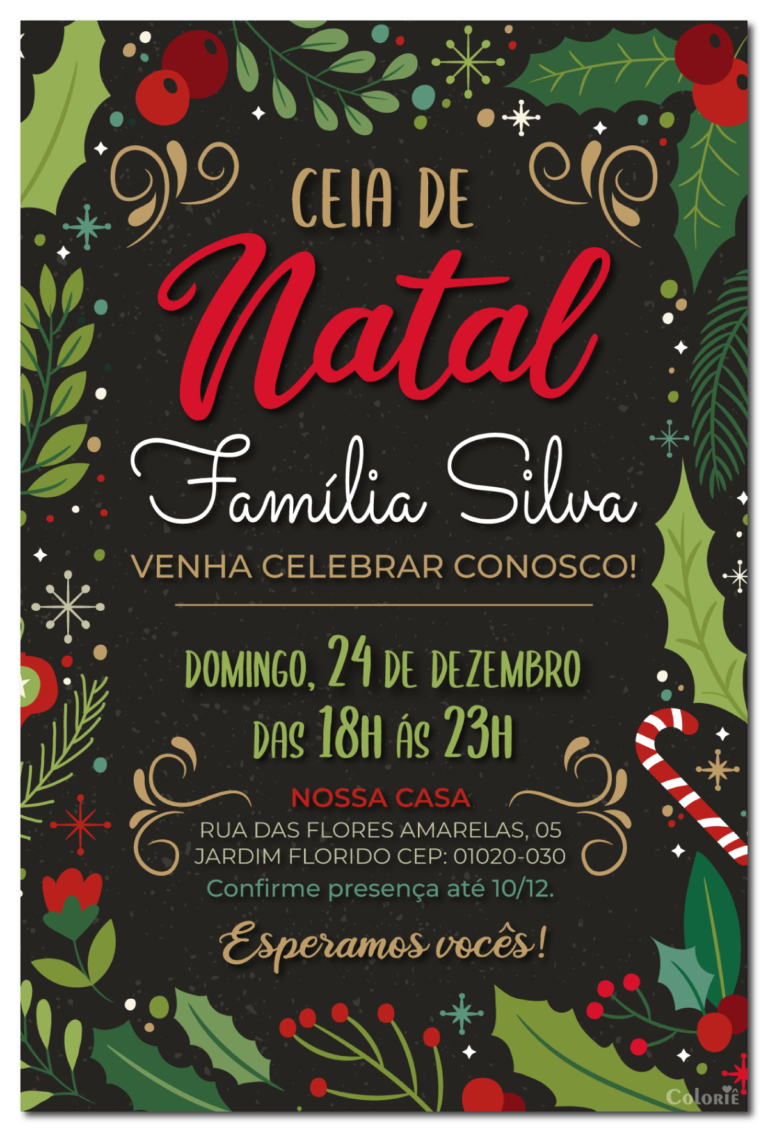 Convite digital de Natal com folhas e enfeites natalinos