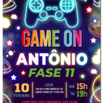 Convite digital de videogame neon colorido para festa gamer