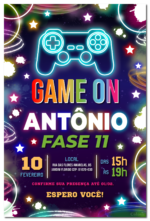 Convite digital de videogame neon colorido para festa gamer
