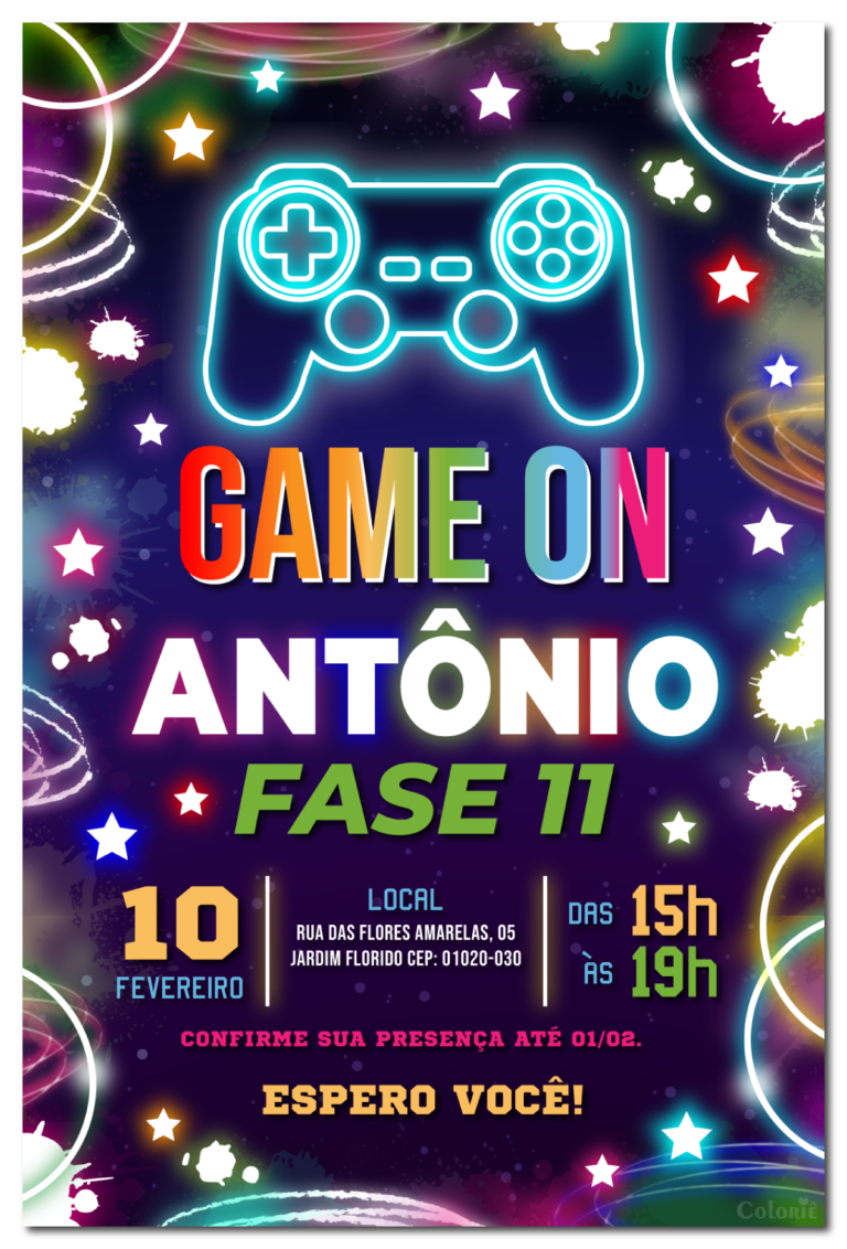 Convite digital de videogame neon colorido para festa gamer