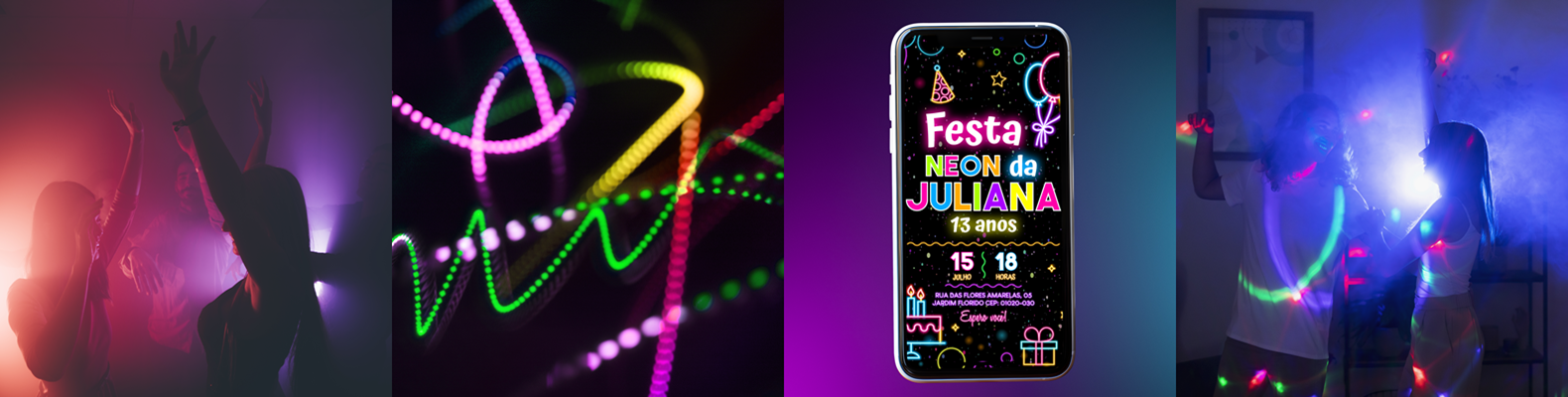 Convites digitais neon para aniversário