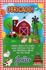 Cartão de agradecimento de fazendinha com celeiro e animais