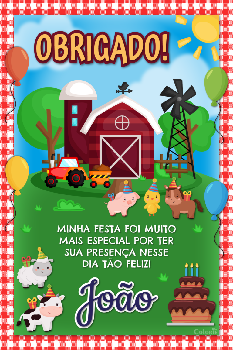 Cartão de agradecimento de fazendinha com celeiro e animais
