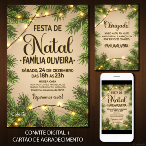 Convite Digital Natal: Folhagens e Pisca-pisca + Brinde