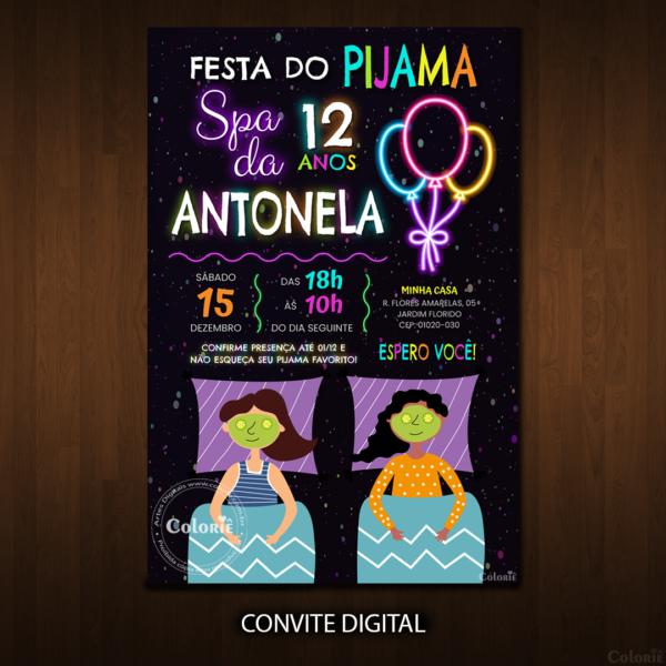 Convite Digital Spa: Festa do Pijama Neon + Brinde