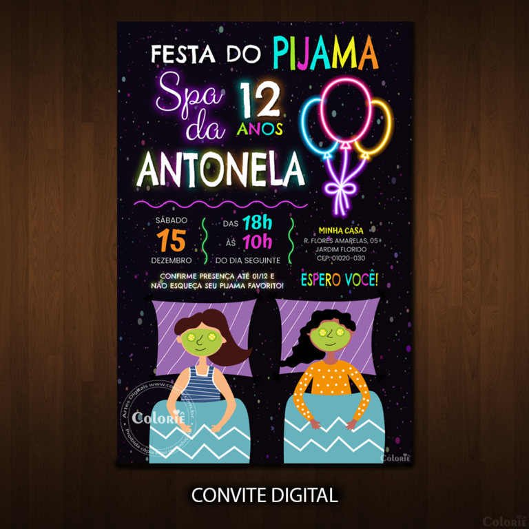 Convite Digital Spa: Festa do Pijama Neon + Brinde
