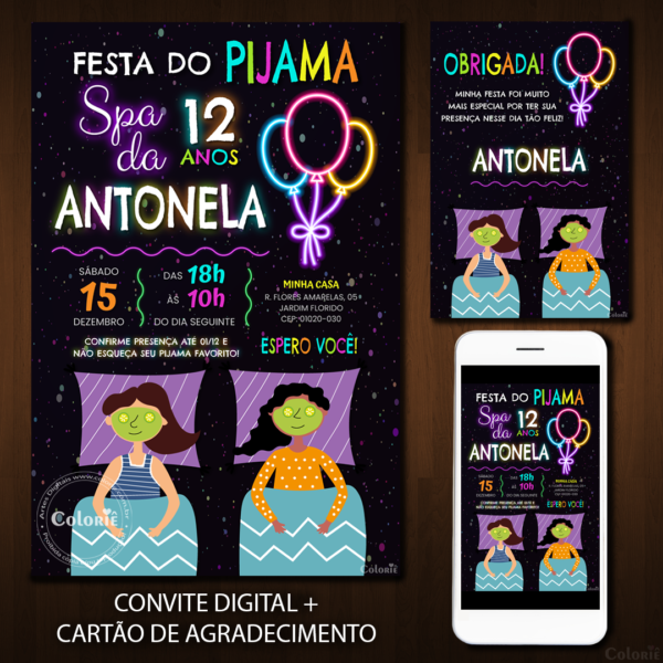 Convite Digital Spa: Festa do Pijama Neon + Brinde