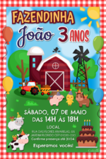 Convite digital de fazendinha com celeiro e animais