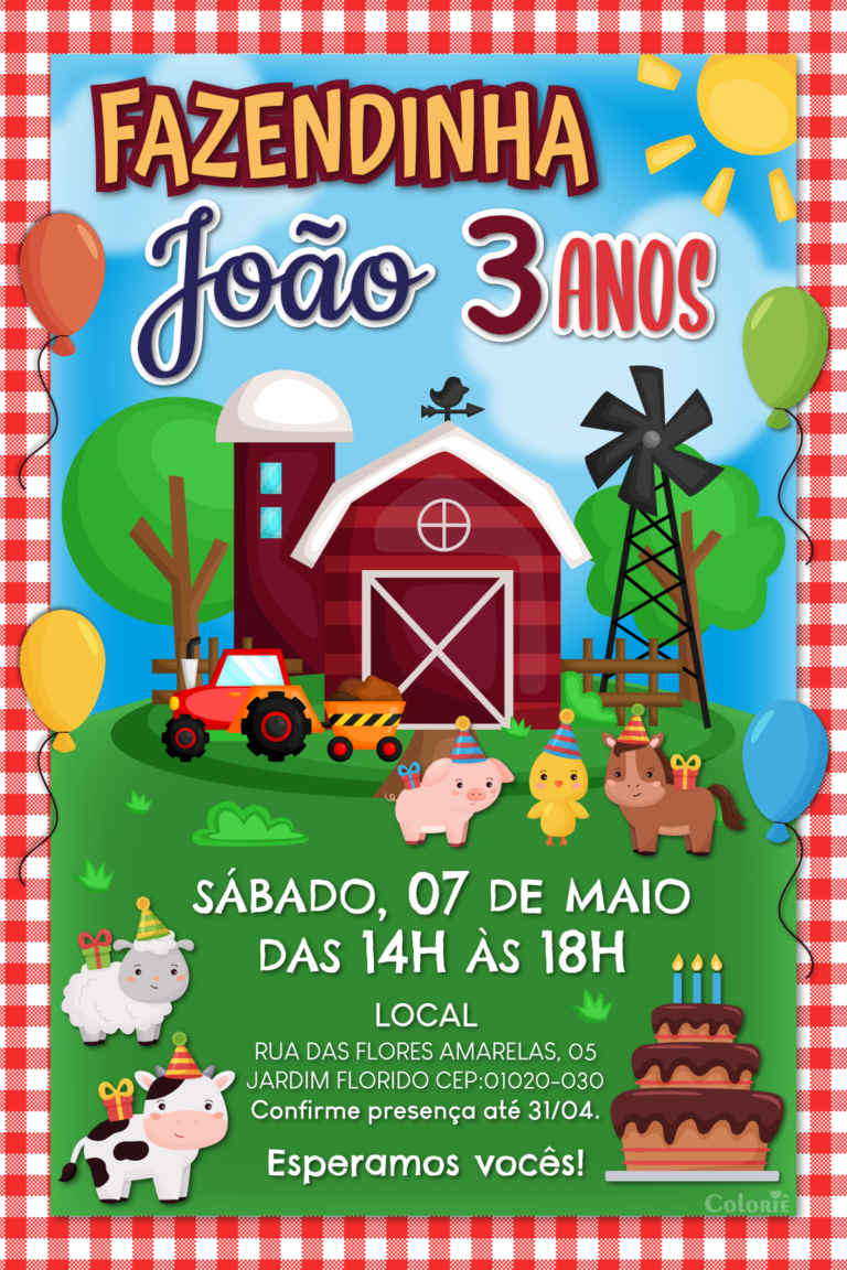 Convite digital de fazendinha com celeiro e animais