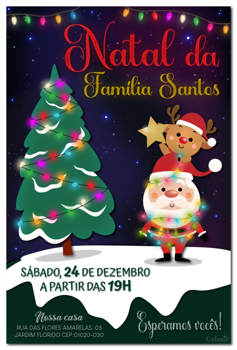 Convite digital de Natal com neve, árvore e Papai Noel