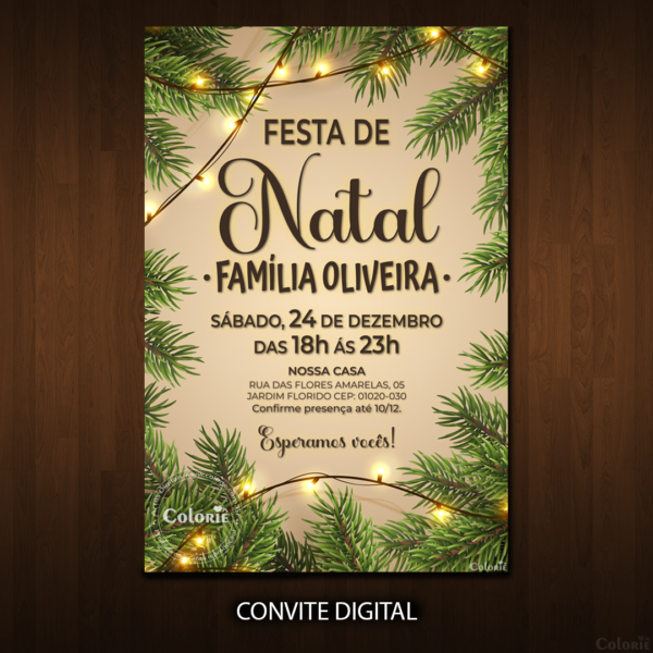 Convite Digital Natal: Folhagens e Pisca-pisca + Brinde