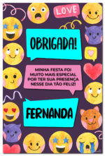 Cartão de agradecimento de emoticons roxo, rosa e azul