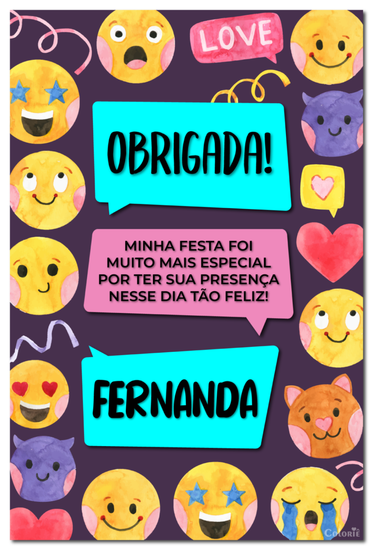 Cartão de agradecimento de emoticons roxo, rosa e azul