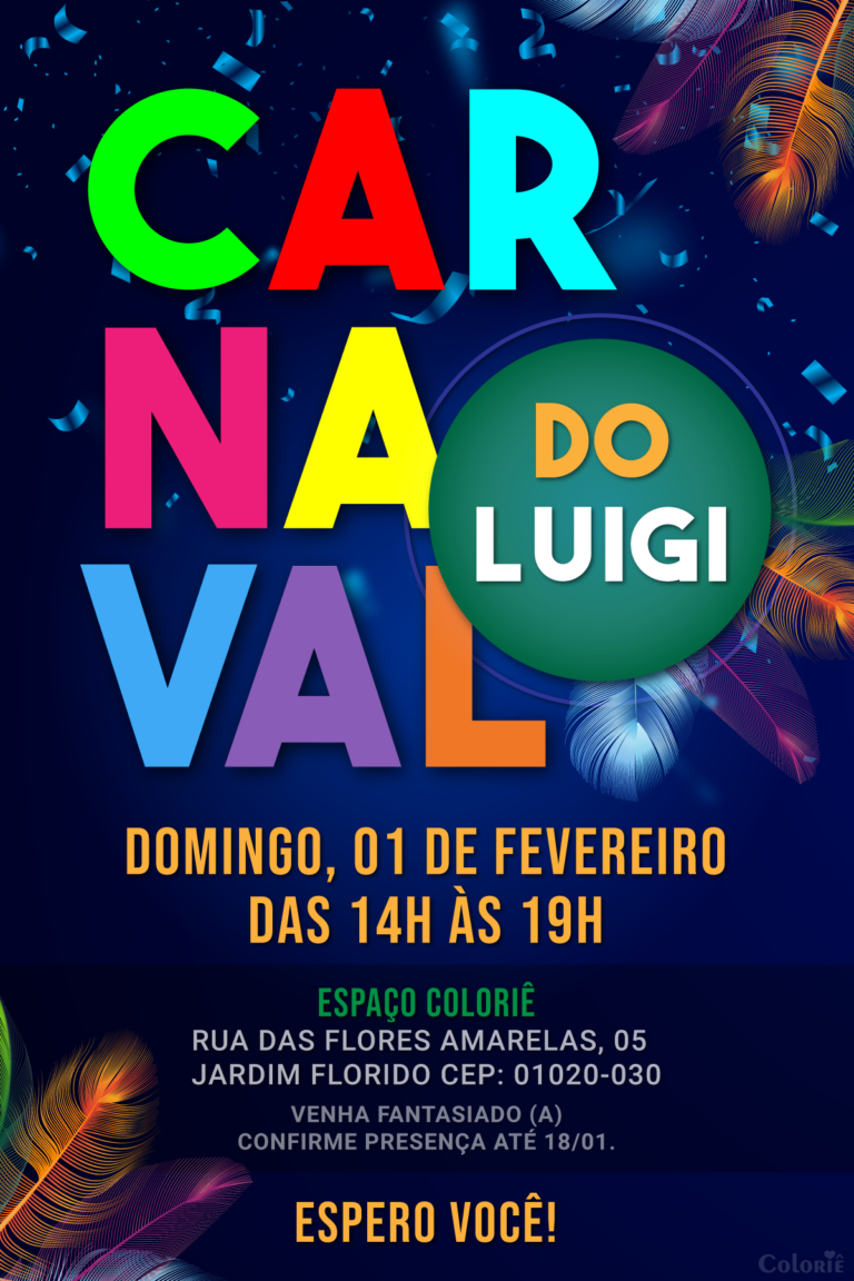 Convite digital de carnaval colorido com penas