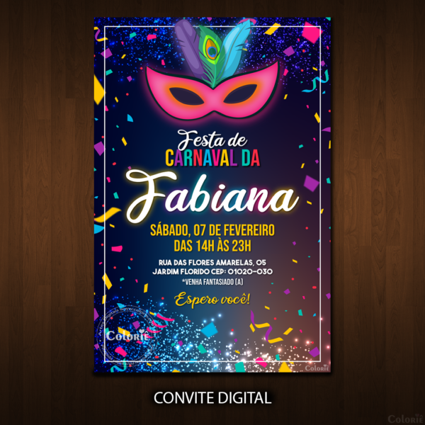 Convite Digital Carnaval: Metalizado com Confetes + Brinde