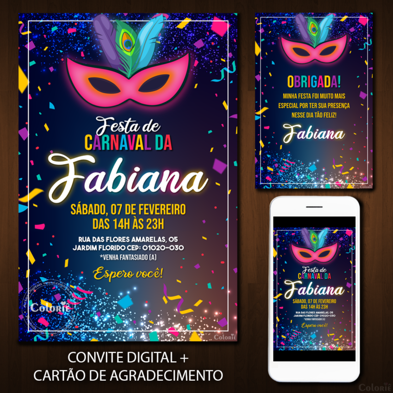 Convite Digital Carnaval: Metalizado com Confetes + Brinde