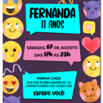 Convite digital de emoticons roxo, rosa e azul para festa