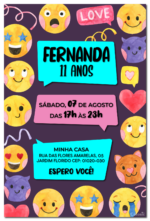 Convite digital de emoticons roxo, rosa e azul para festa