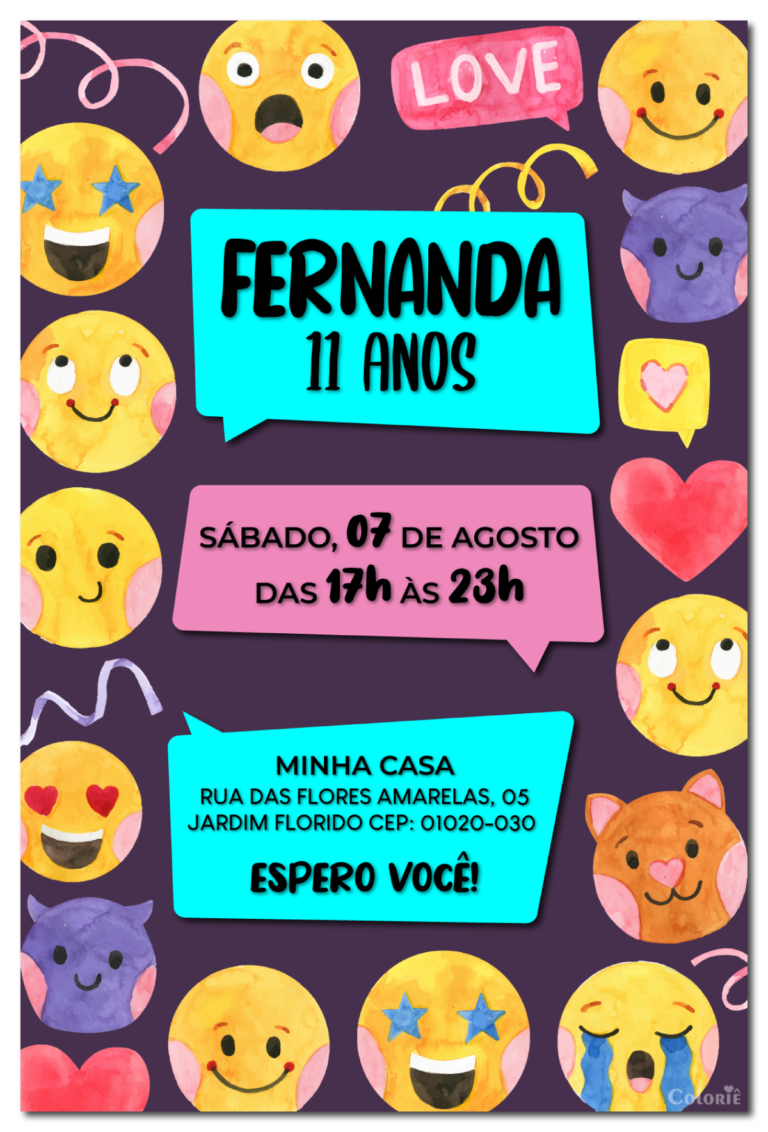 Convite digital de emoticons roxo, rosa e azul para festa