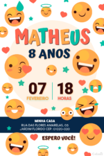 Convite digital de emoticons branco e azul para festa