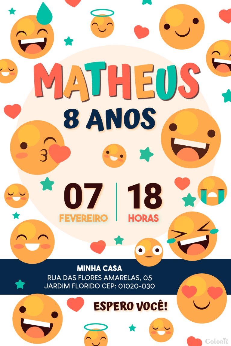 Convite digital de emoticons branco e azul para festa