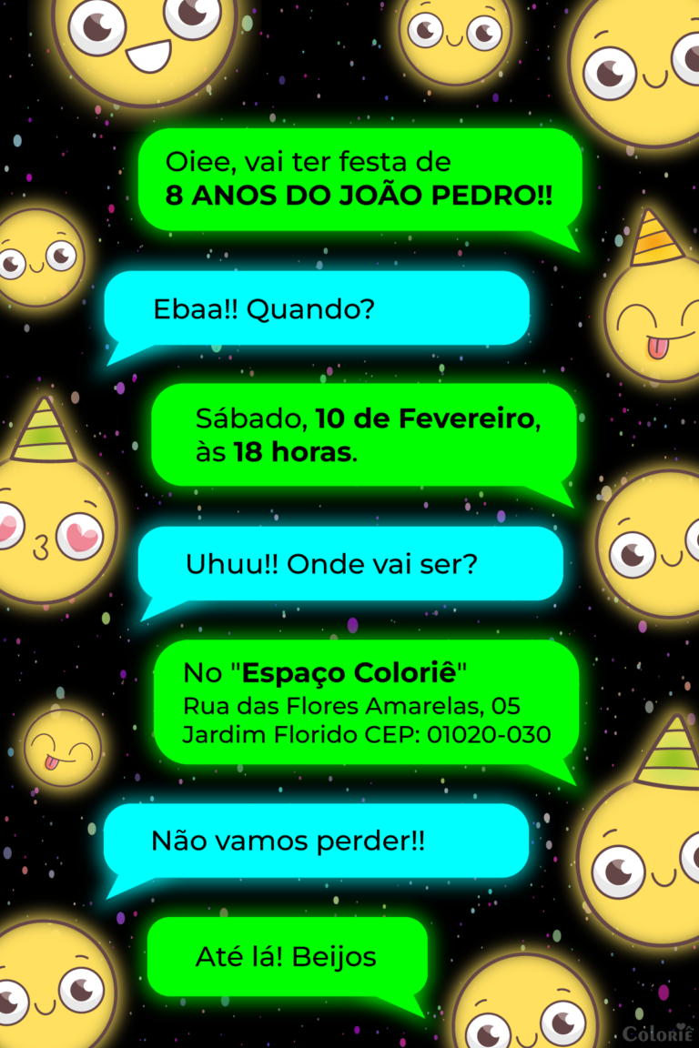Convite digital de emoticons neon verde e azul
