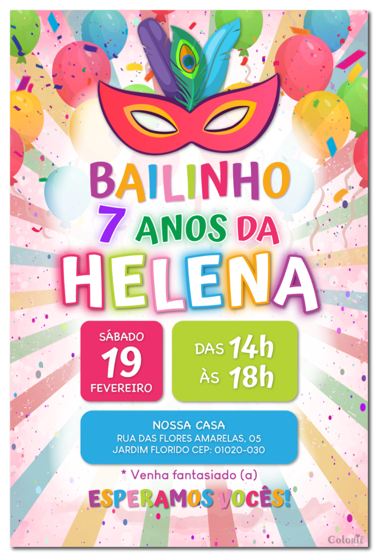 Convite digital de carnaval com bailinho colorido para festa