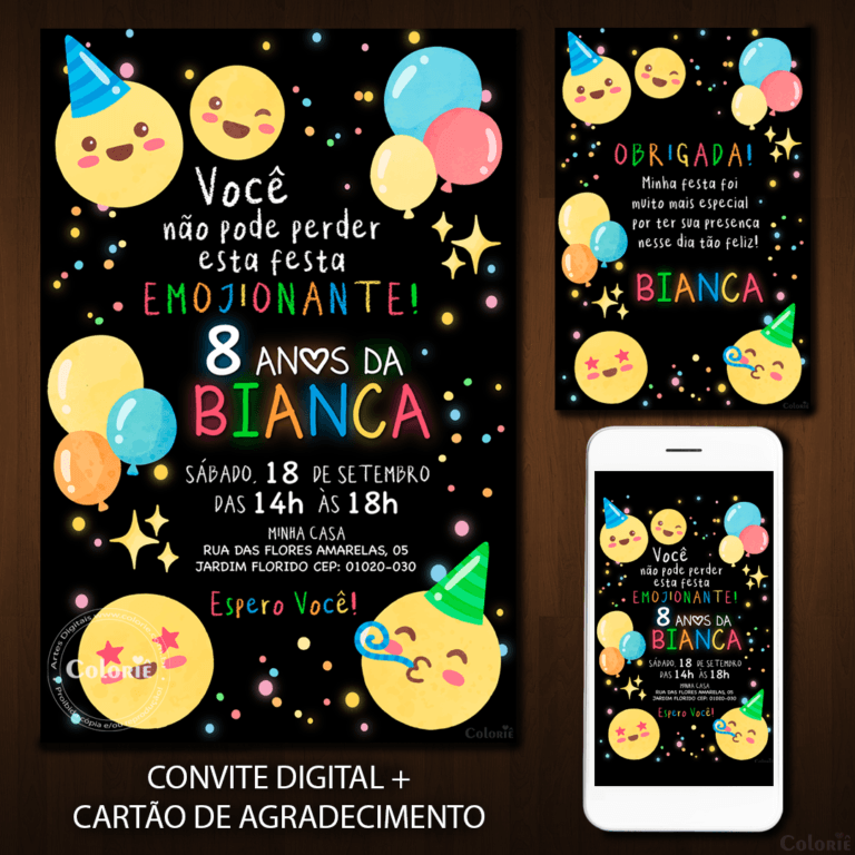 Convite Digital Emoticon: Bolinhas Coloridas Neon + Brinde