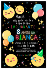 Convite digital de emoticons com bolinhas coloridas neon