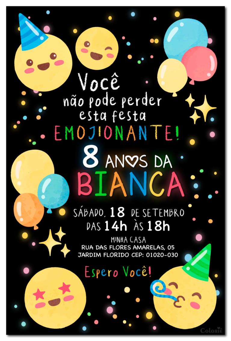 Convite digital de emoticons com bolinhas coloridas neon