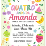 Convite digital de frutas com frutinhas coloridas para festa